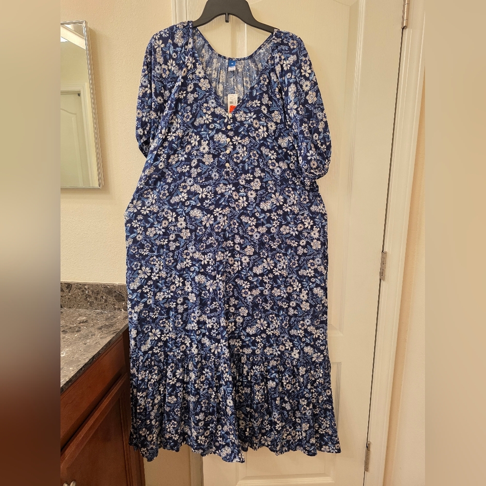 Women's Old Navy Blue Floral-Print Puff-Sleeve Maxi Swing Dress With Pockets